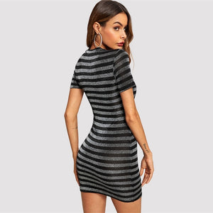 Short Sleeve Striped Glitter Dress