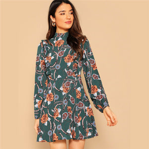 Green Mock Neck Ruffle Trim Floral And Chain Print Dress