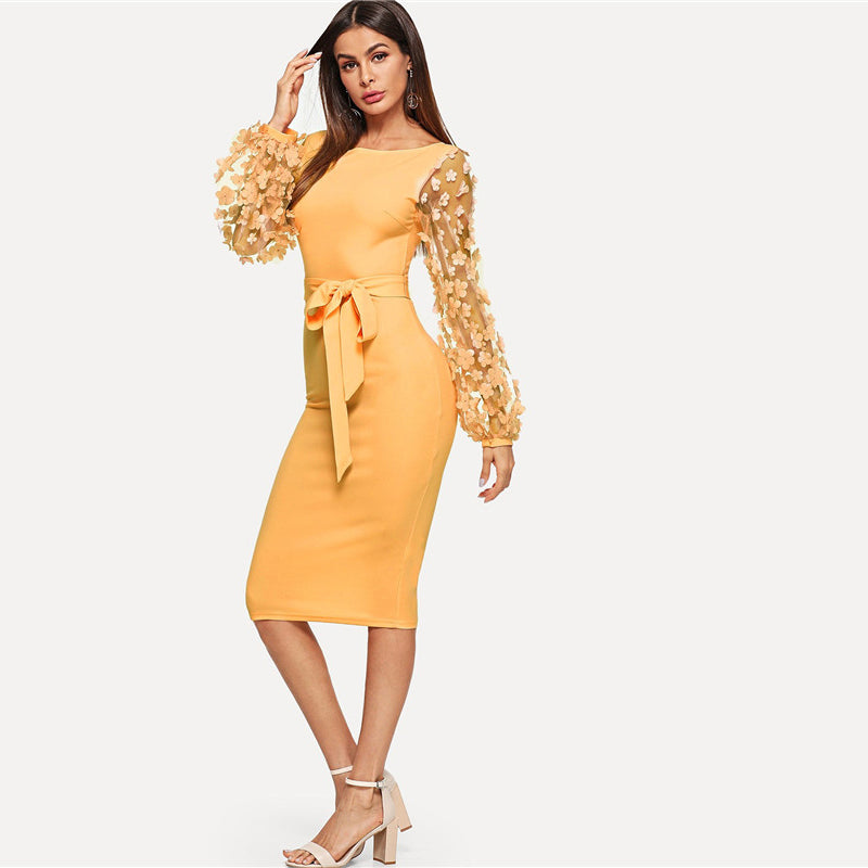 Yellow Flower  Belted Dress Spring