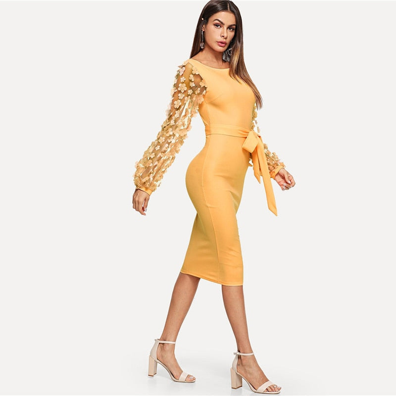 Yellow Flower  Belted Dress Spring