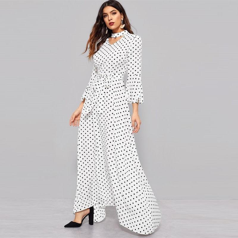 White Flounce Sleeve Long Dresses