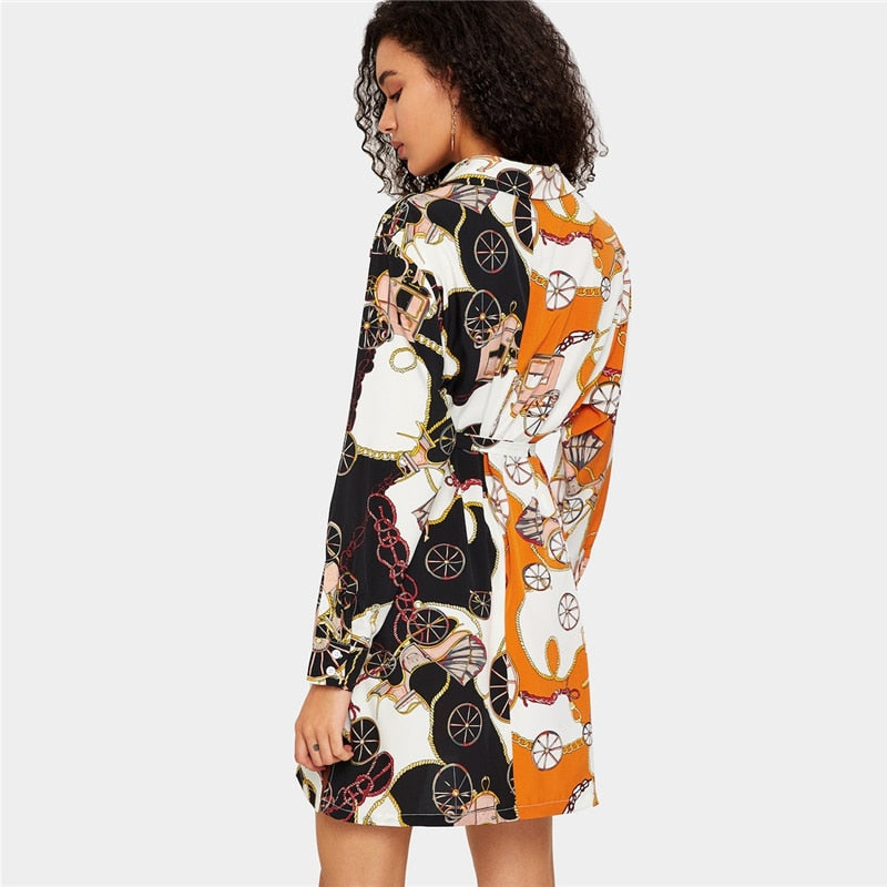 Multicolor Scarf Print Button Belted Collar Dress
