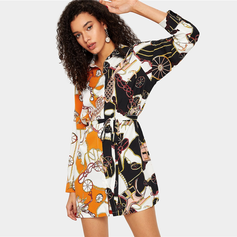 Multicolor Scarf Print Button Belted Collar Dress