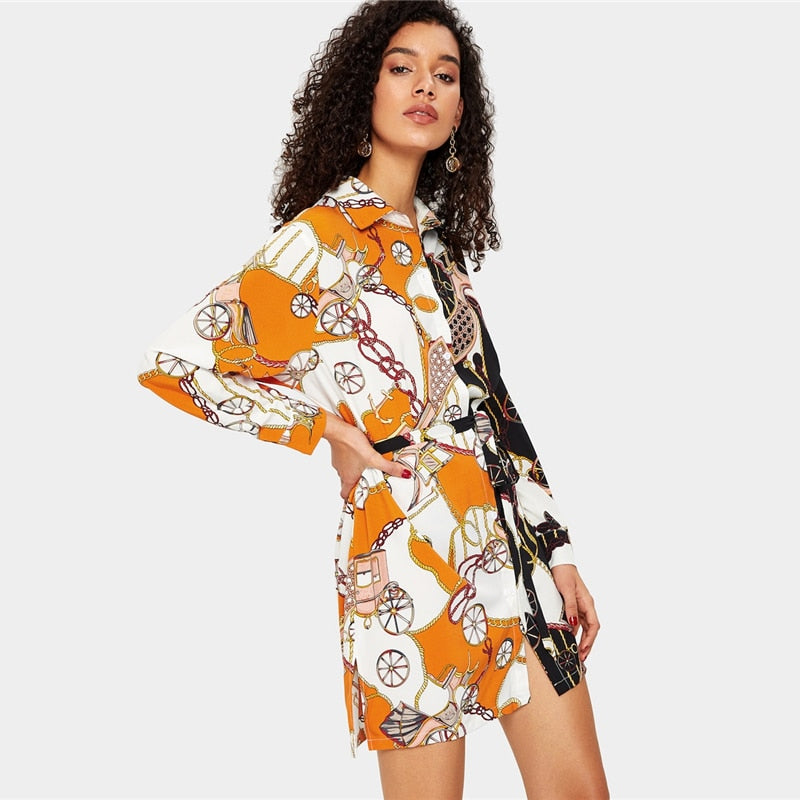 Multicolor Scarf Print Button Belted Collar Dress