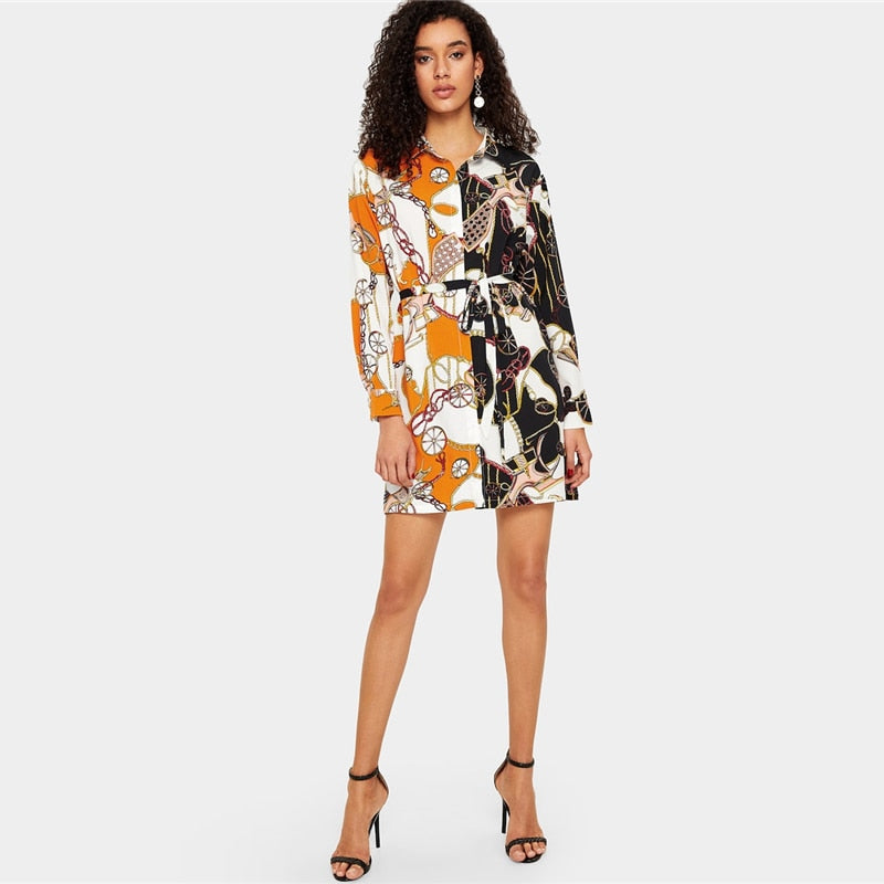 Multicolor Scarf Print Button Belted Collar Dress