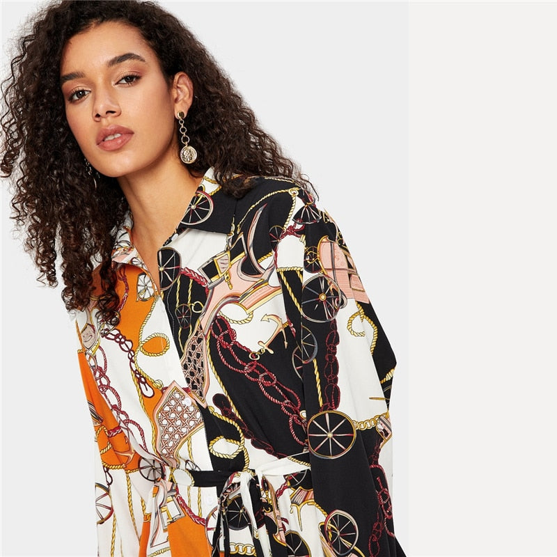 Multicolor Scarf Print Button Belted Collar Dress