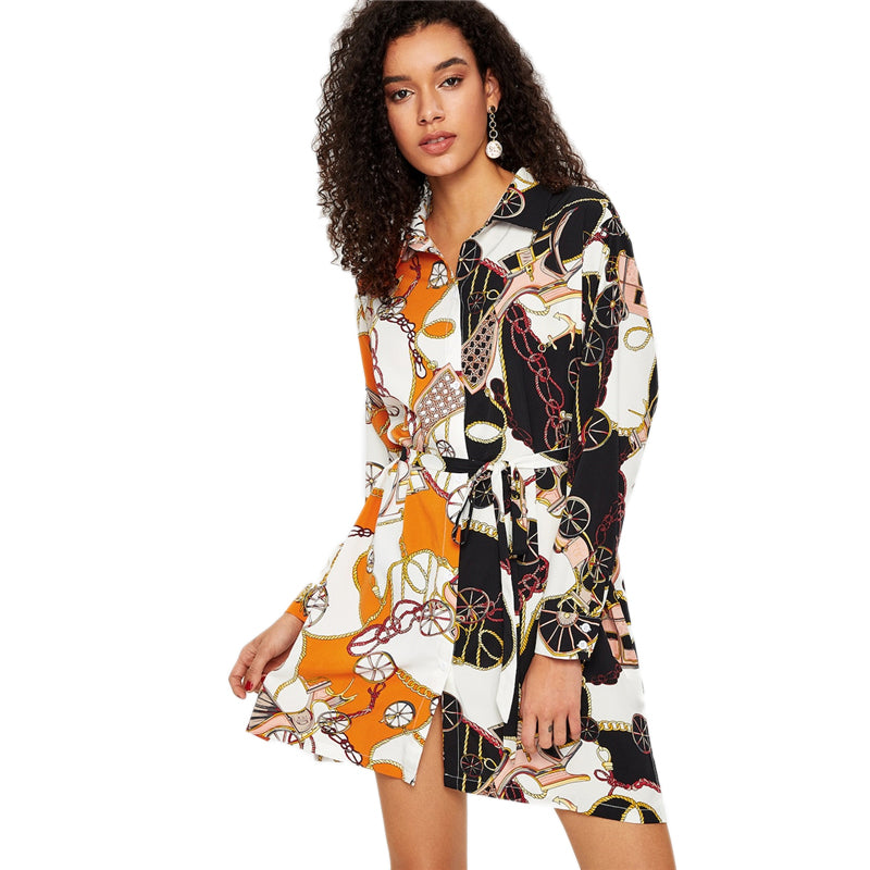 Multicolor Scarf Print Button Belted Collar Dress