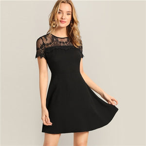 Black Elegant Floral Lace Sheer Yoke Fit and Flare Mini Dress