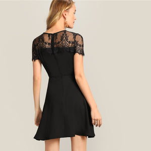 Black Elegant Floral Lace Sheer Yoke Fit and Flare Mini Dress