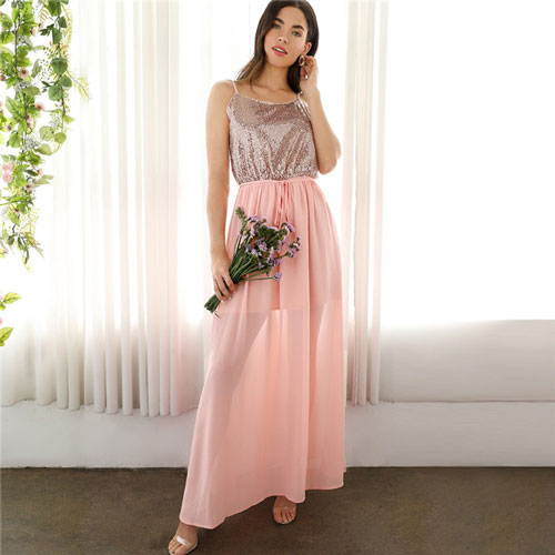 Pink Sequin Bodice Chiffon Maxi Dress