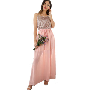 Pink Sequin Bodice Chiffon Maxi Dress
