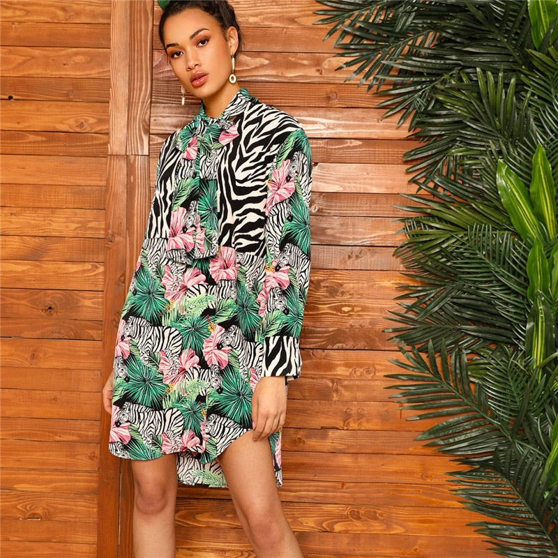 Multicolor Tie Neck Zebra  Dress