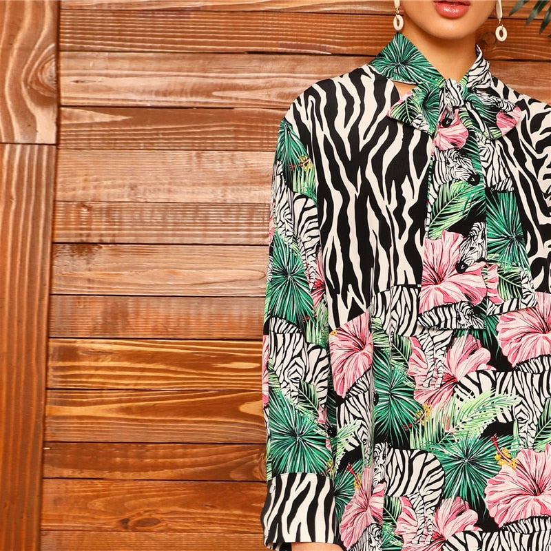 Multicolor Tie Neck Zebra  Dress