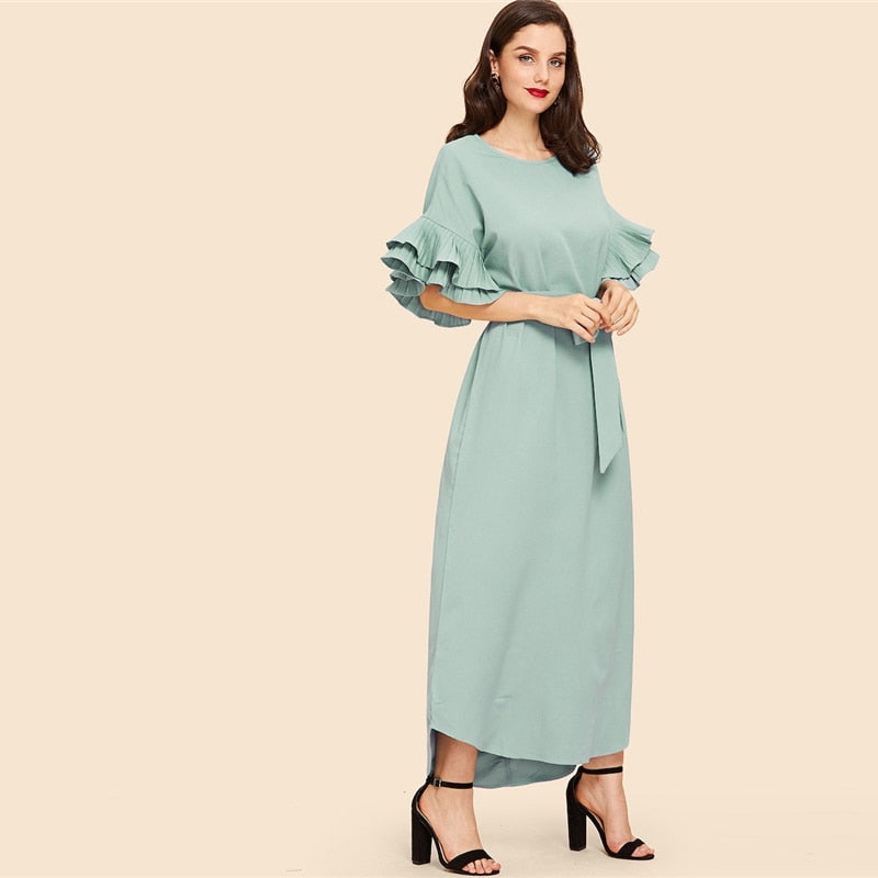 Sleeve Curved Ruffle Hem Dress